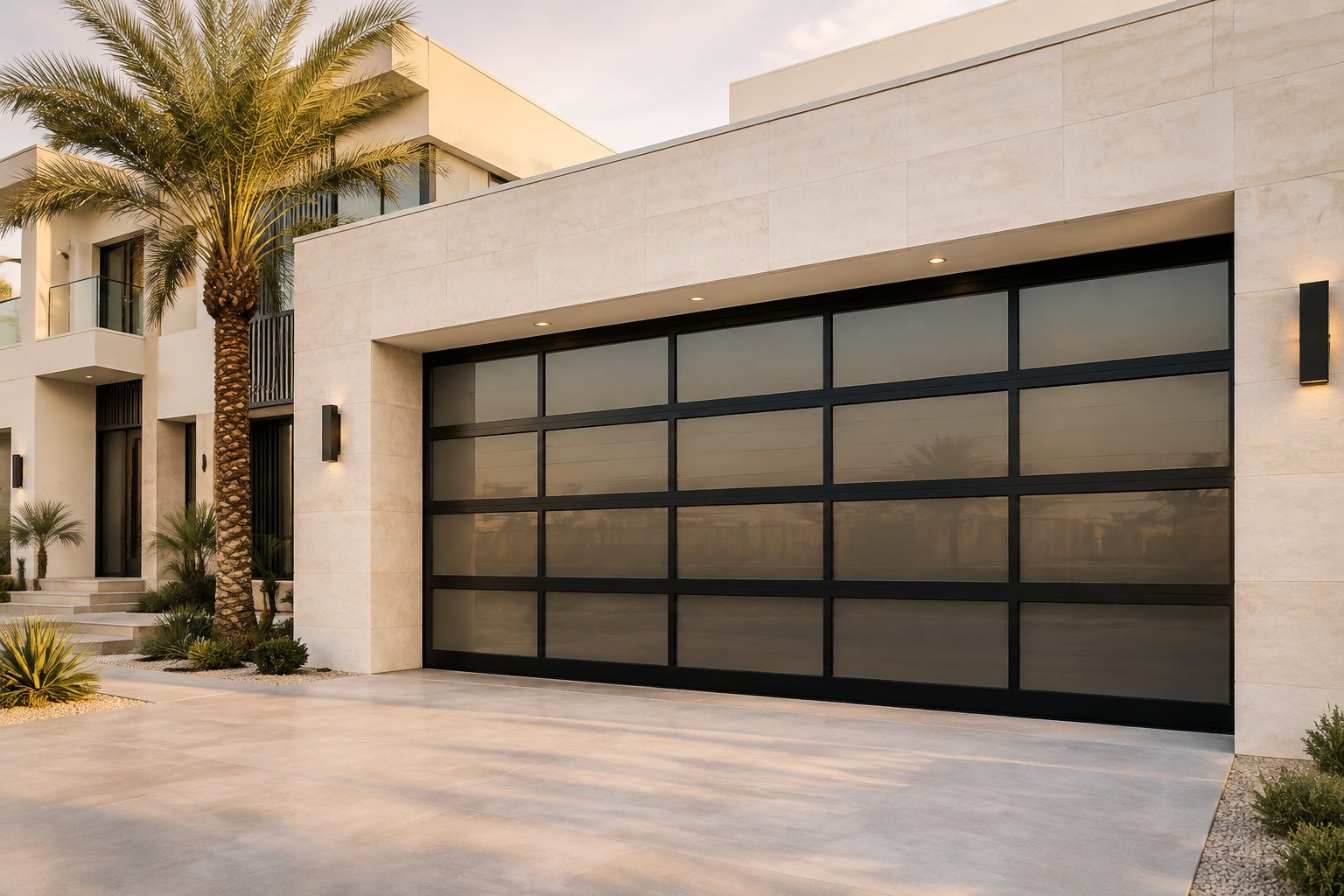 Full-view aluminium and glass sectional garage door on a modern villa — rendering
