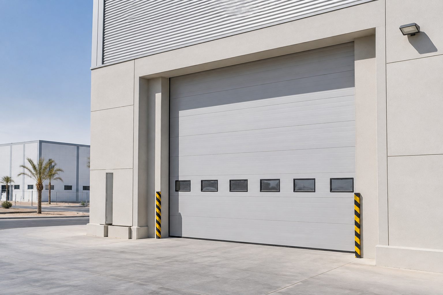White insulated industrial sectional overhead door with a vision-light row — rendering