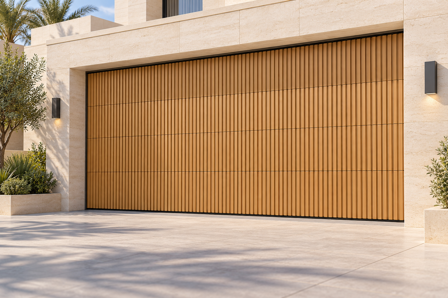 Exterior configuration example of a warm wood-tone vertical grille garage door