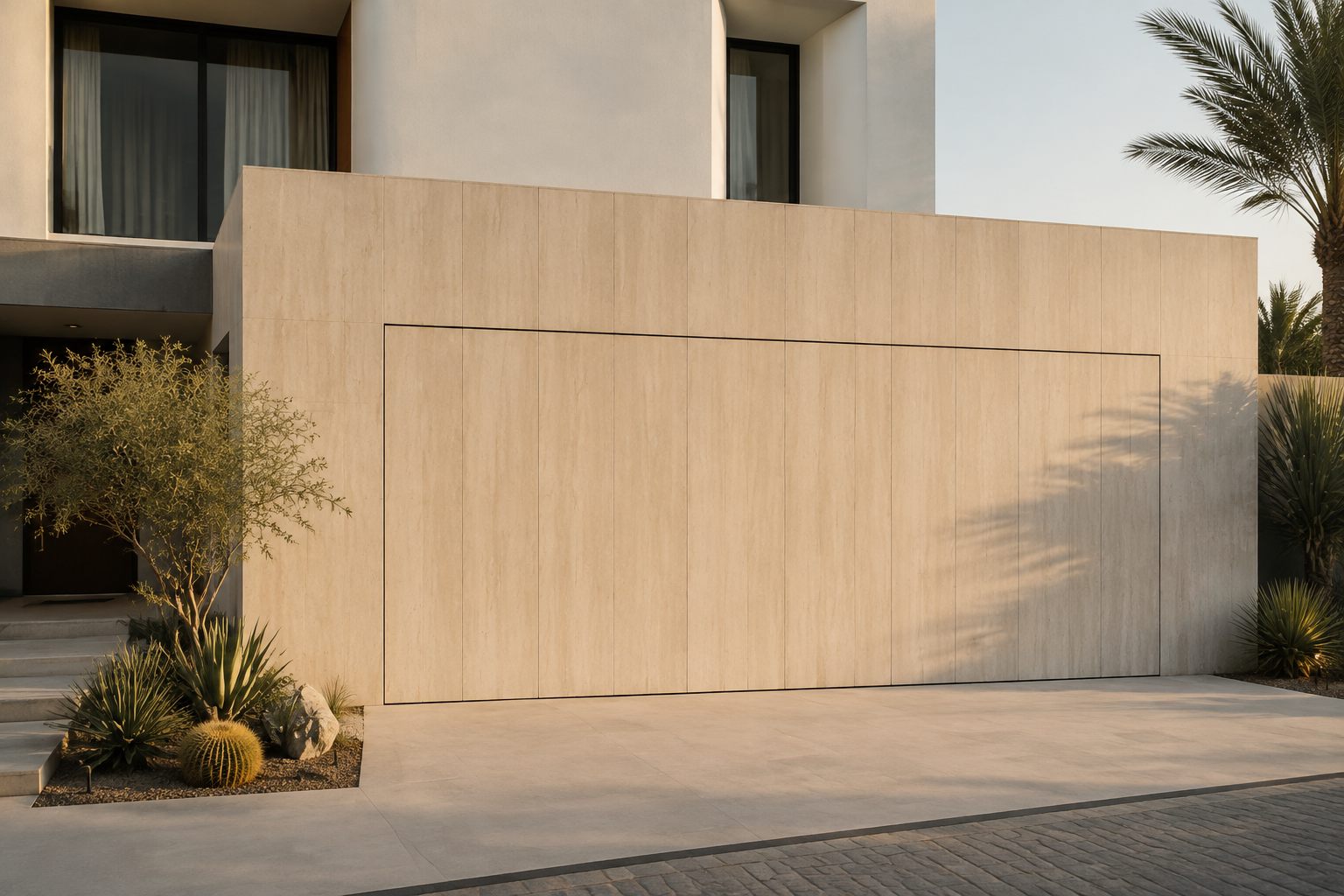 Stone-clad concealed garage door sitting flush with the villa facade — rendering