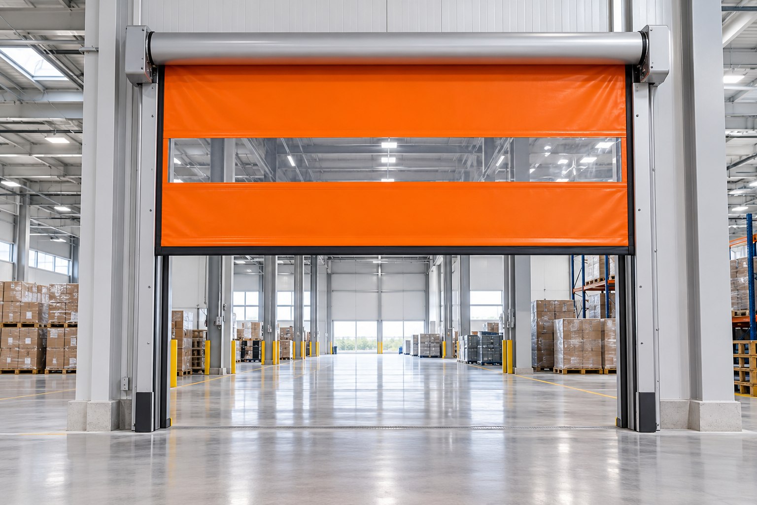 Orange flexible soft-curtain rapid door installed in an industrial opening