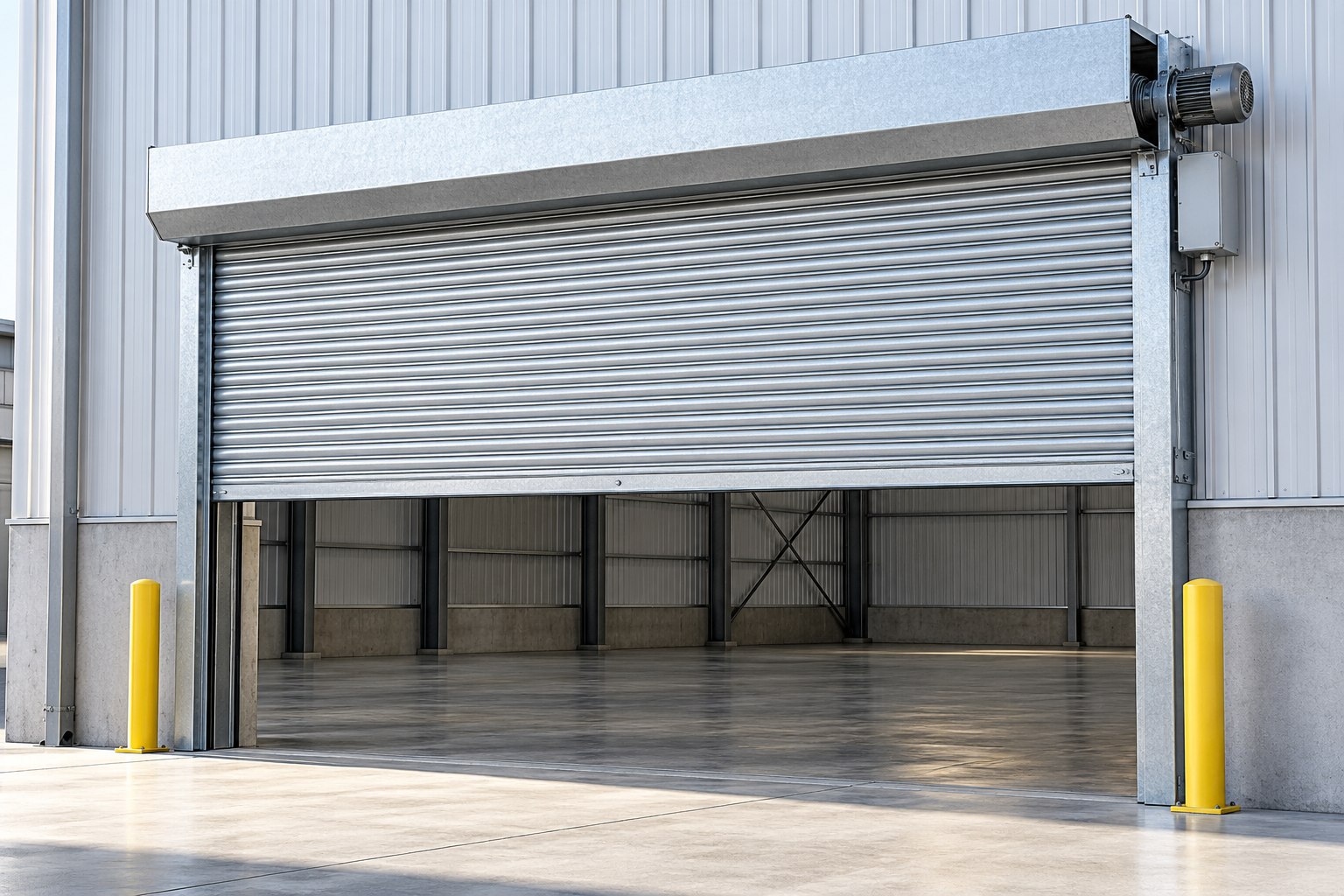 Motorised metal roller shutter for a commercial opening — product visualization
