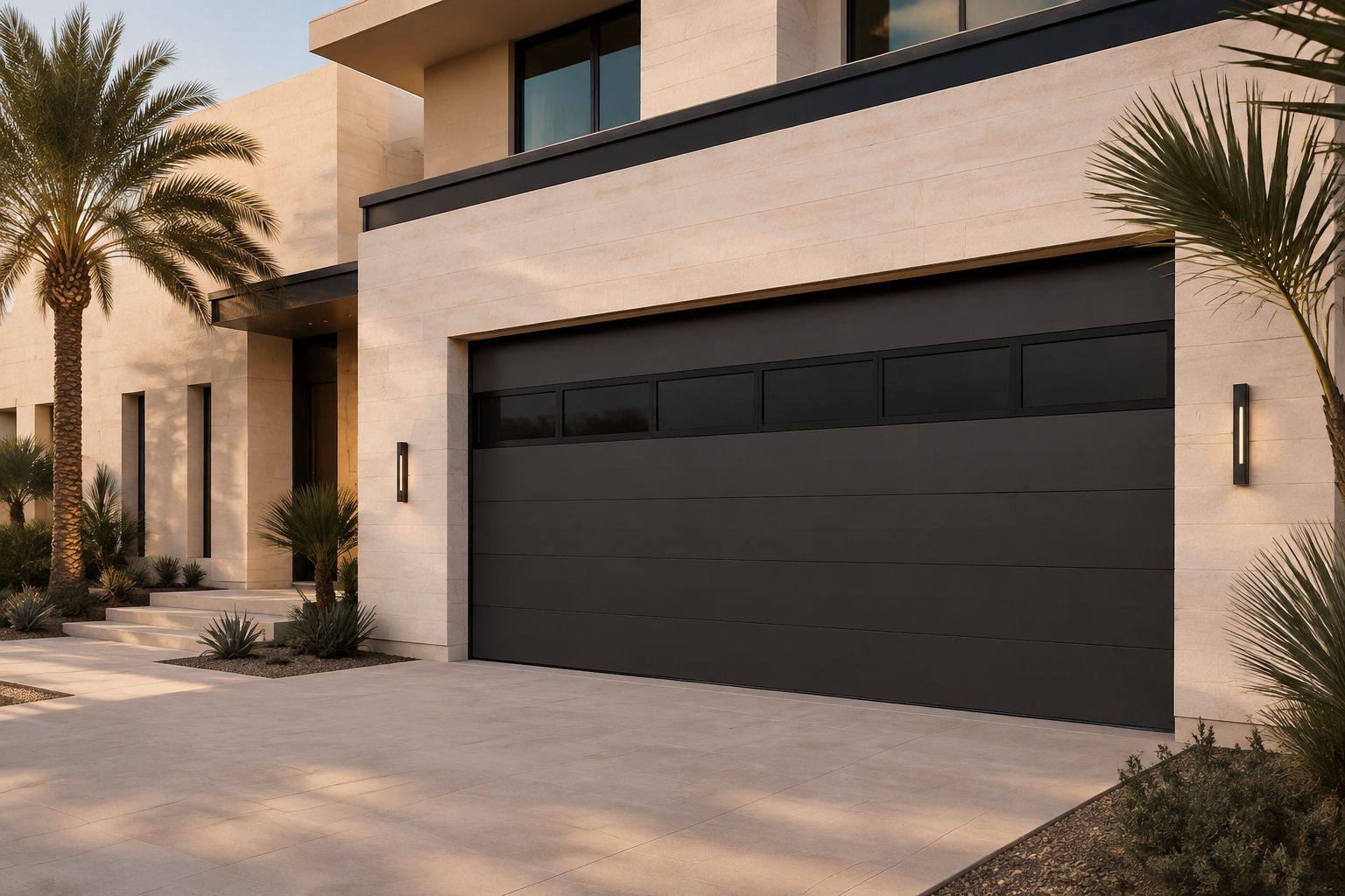 Black flush sectional garage door with a top row of glazing on a modern villa — rendering