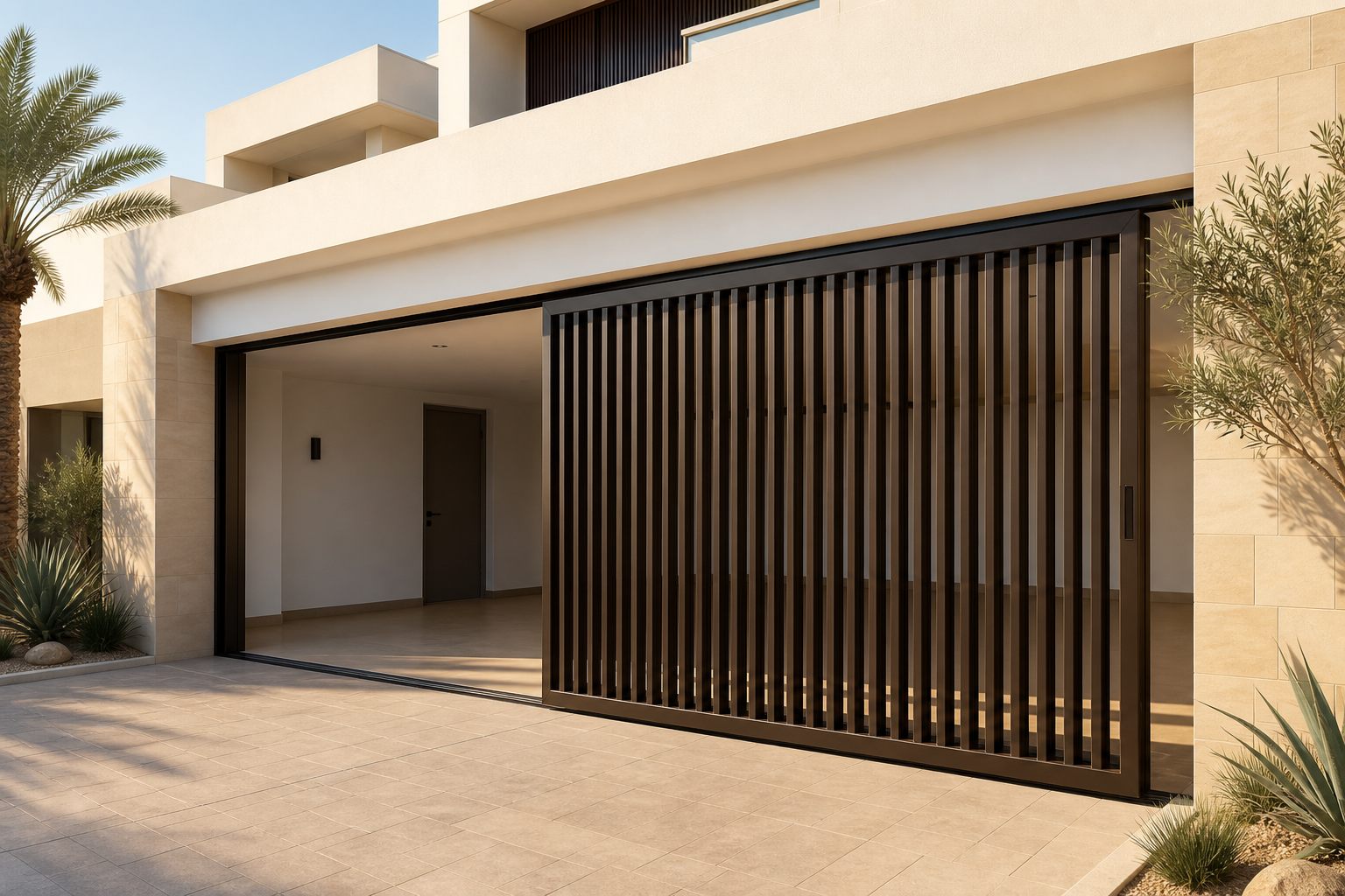 Bronze vertical-louvre sliding garage door on a modern villa — rendering