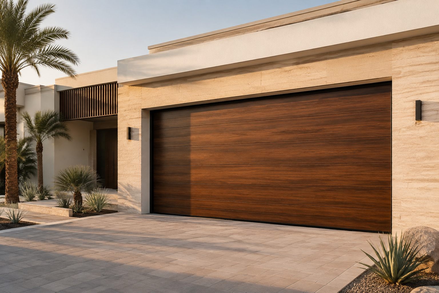 Dark wood-look sectional garage door on a modern villa — rendering